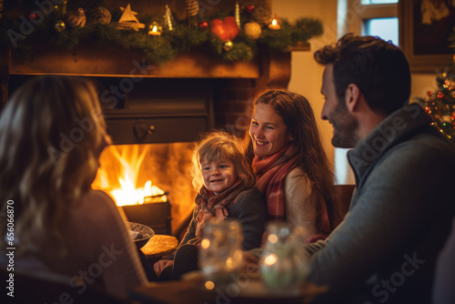 Family together at christmas is a festive indoor scene with open fire children and parents enjoying the holidays