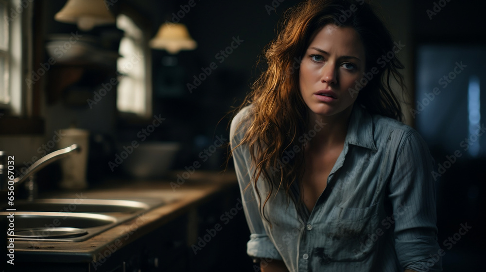 stressed mother in a moody dark kitchen stressed mother in a moody dark kitchen