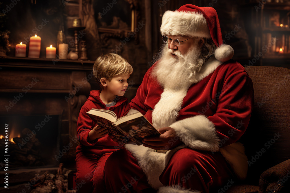 Happy Santa Claus sharing Christmas gifts with children, a heartwarming scene by the fireplace on Christmas night.