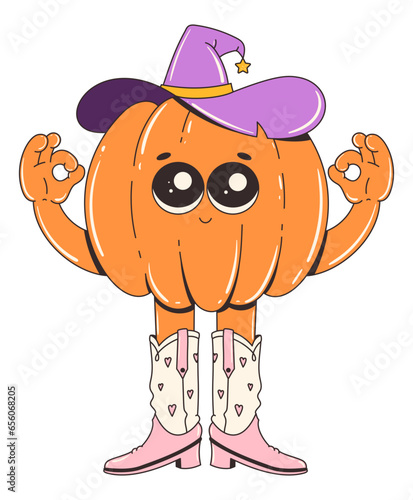 A cute pumpkin in a witch hat and  cowboy boots. Groovy retro halloween characters. 