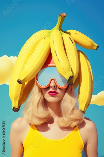 Going crazy for yellow banana fashion extravaganza, retro stylish woman with oversized sunglasses modelling everyone's favorite summer fruit with a ridiculously cool pop art like flair.      photo