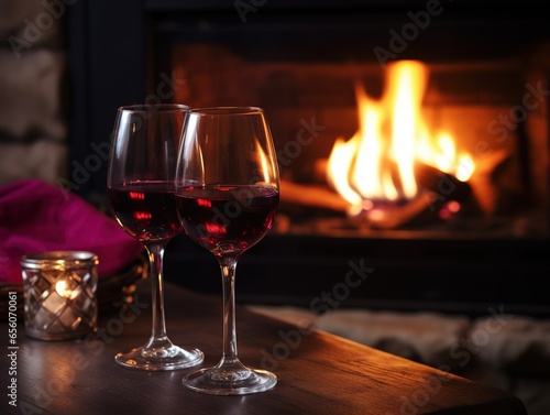  two glasses of red wine are in front of a fireplace