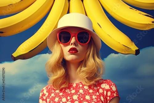 Going crazy for yellow banana fashion extravaganza, retro stylish woman with oversized sunglasses modelling everyone's favorite summer fruit with a ridiculously cool pop art like flair.      photo