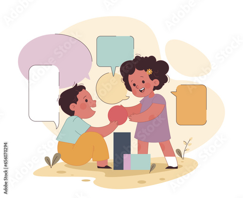 Little preschool girl and boy talking to each other on a playground