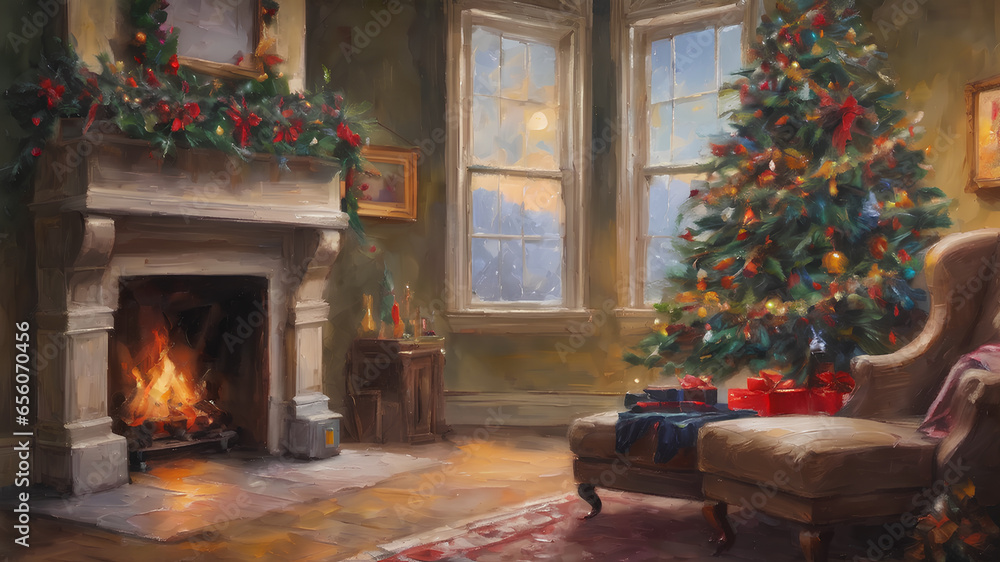 a christmas tree next to a fireplace in a room. Oil art. AI generated