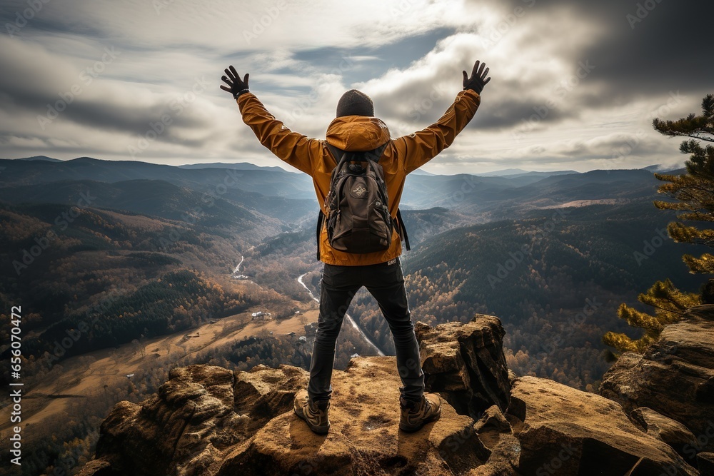 Happy man with arms up jumping on the top of the mountain - Successful hiker celebrating success on the cliff - Life style concept with young male climbing in the forest pathway | Generative AI