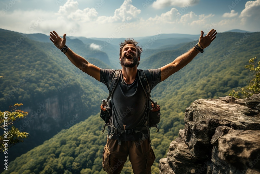 Happy man with arms up jumping on the top of the mountain - Successful hiker celebrating success on the cliff - Life style concept with young male climbing in the forest pathway | Generative AI - obrazy, fototapety, plakaty 