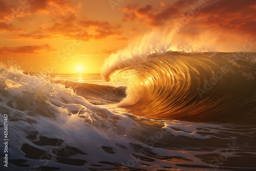 Golden Ocean Wave at Sunset Generative Ai © Moonpie