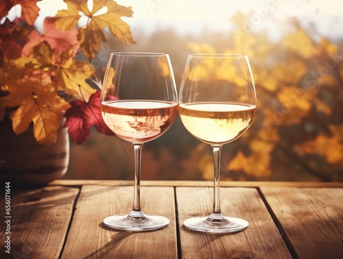 Two beautiful transparent glasses with white wine, autumn background
