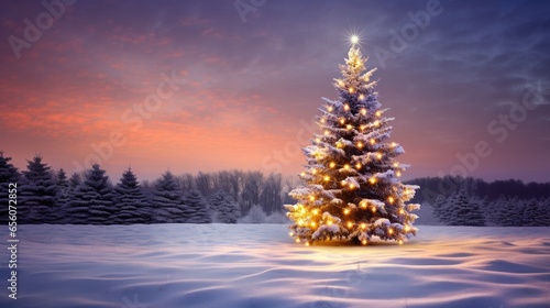 A christmas tree in the middle of a snowy field. Generative AI. © Natalia