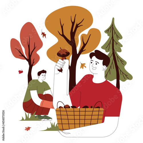 Happy men foraging mushrooms in the autumn forest. Characters spending