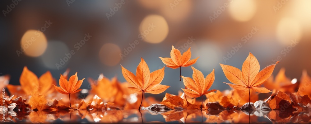 Colorful universal natural panoramic autumn background for design with orange leaves and blurred background | Generative AI