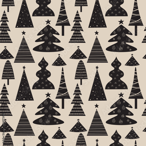 Scandinavian seamless pattern with different decorative Xmas trees in forest hygge motif. Winter repeating background Nordic ornament with decorated fir trees for congratulations, pakking design, card