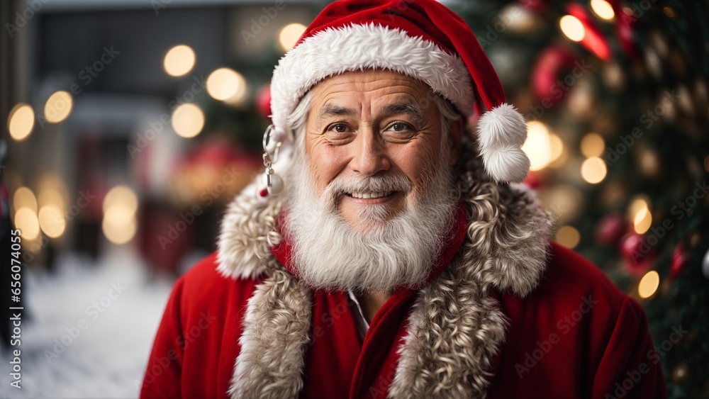 Portrait of a smiling Santa Claus with hat and long white beard looking at the camera against a dark background, banner, Santa Claus, Generative AI Portrait of a smiling Santa Claus with hat and long white beard looking at the camera against a dark background, banner, Santa Claus, Generative AI