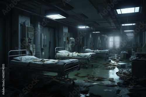 Abandoned infirmary in an apocalyptic scenario Generative Ai photo