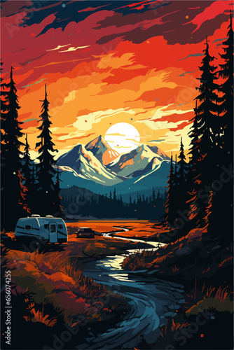 Travel Posters. Camping with RV in Alaska, USA. Mountains, landscape, forest, flat style