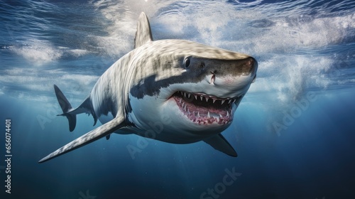 An image of a majestic great white shark gliding through the clear waters of the ocean.