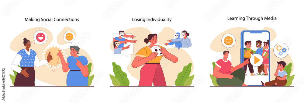 Socialization set. Communication skill development. People interacting, Socialization set. Communication skill development. People interacting,