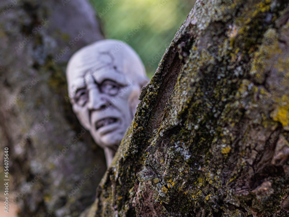Elevate your Halloween decorations with a lifelike plastic zombie head nestled in the grass, creating an eerie ambiance for your spooky festivities