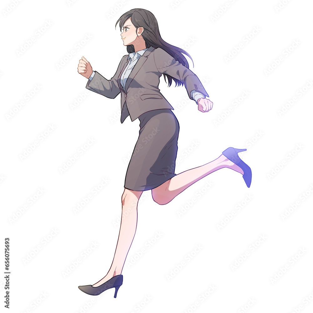 Illustration of a young woman in a suit running.
