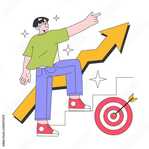 Young male character career growth. Adult office worker climbing
