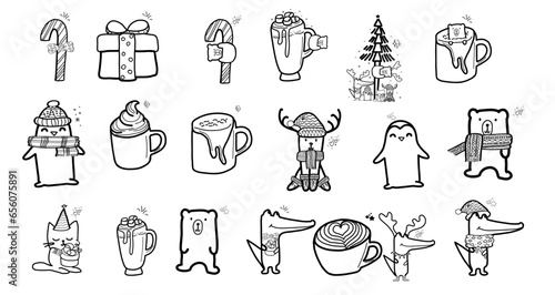 Christmas set includes hot chocolates, presents, candy, cat, pingouin, deer, crocodile, bear