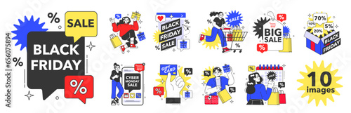 Black friday set. Shopping cart and bags with goods and presents.