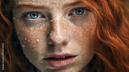 Teenager with freckles on her face and red hair posing. AI generated