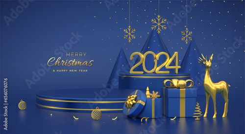 Christmas Scene and 3D round platforms on blue background. 3D Golden numbers 2024. Blank Pedestal with deer, shining snowflakes, balls, gift boxes, gold metallic cone shape pine, spruce trees. Vector.