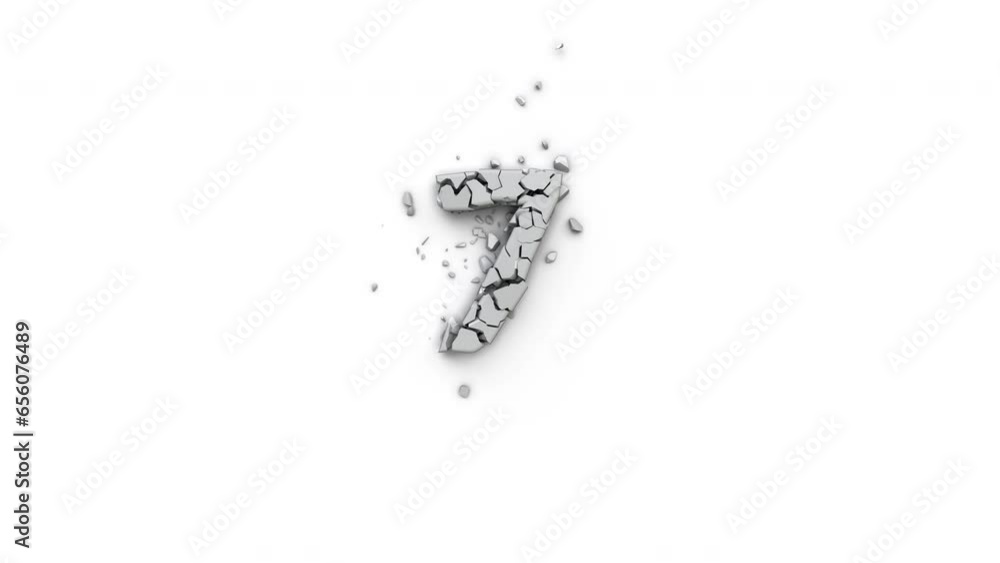 Number Seven falling and breaking into many pieces - 4K Pro Res Number Seven falling and breaking into many pieces - 4K Pro Res