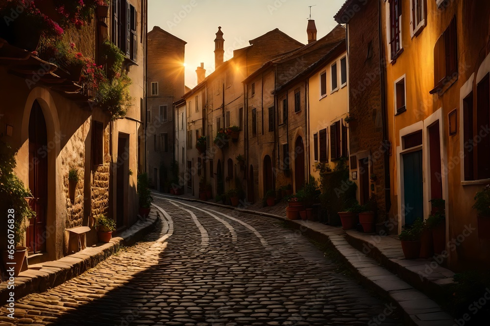 Fototapeta premium A worn-out, cobblestone alleyway in an ancient European town - AI Generative