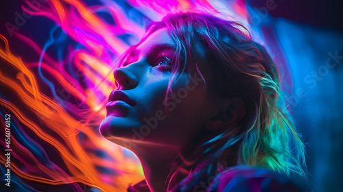Multicolored Neon-Lit Portrait, Generative Ai