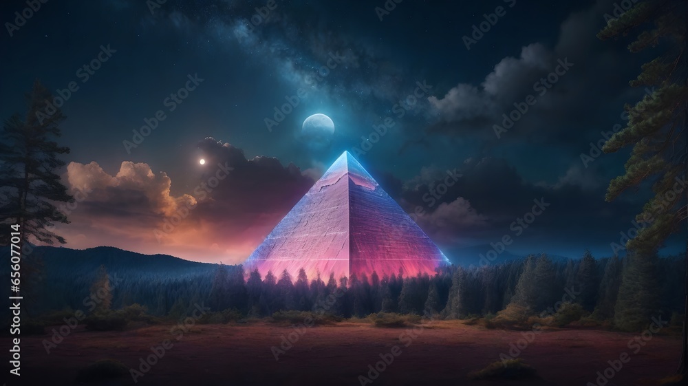 Neon Pyramid in the Forest at Night