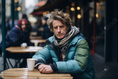 Portrait of a senior man drinking coffee in a street cafe. photo