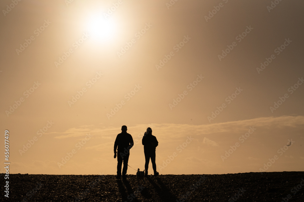 Silhouette of a couple talking on the beach