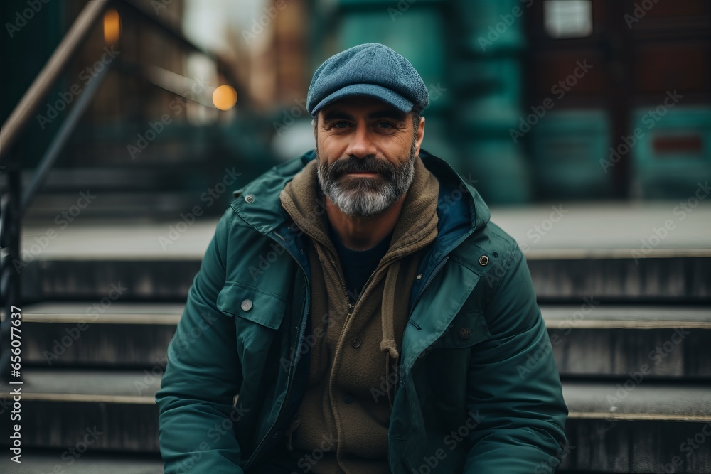 Handsome bearded hipster man in a green jacket with a gray beard and a hat on a city street Handsome bearded hipster man in a green jacket with a gray beard and a hat on a city street