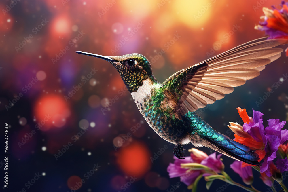 Naklejka premium Beautiful colorful Hummingbirds in flight, generated by AI