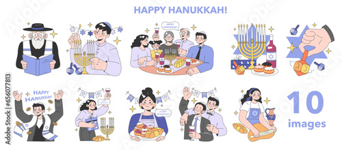 Hanukkah celebrating set. Family gathering on religious holidays.