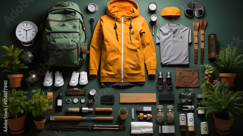 Winter jacket with equipment and accessories for adventure