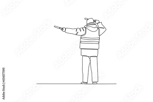 Single one line drawing of marshaller directnig the plane at airport. Ground Crew Signaling To Airplane at the airport. Airport activity concept. Continuous line draw design graphic vector.