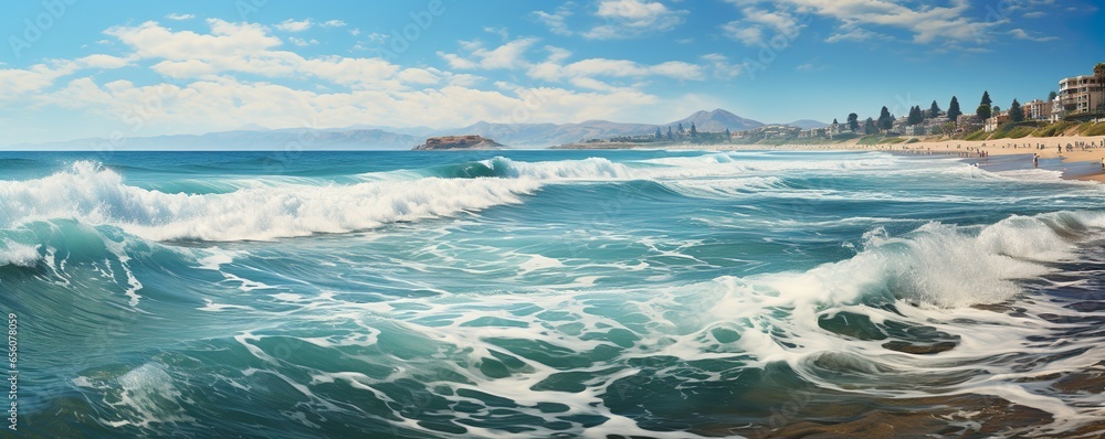 Beautiful panoramic seascape with surf waves against a blue sunny sky with clouds. Natural Mediterranean beach | Generative AI