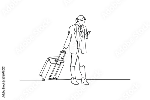Single one line drawing of woman playing phone in boarding room. Ground Crew Signaling To Airplane at the airport. Airport activity concept. Continuous line draw design graphic vector.