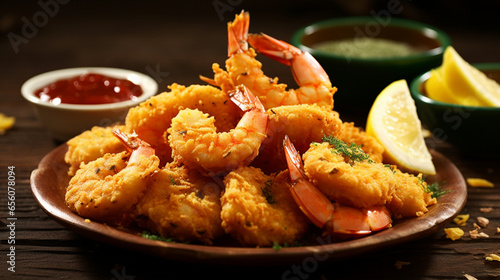 A Plate of Breaded Prawns with Lemon and Red Sauce