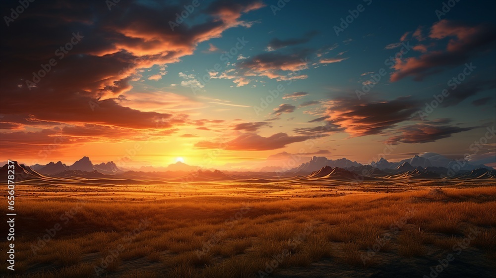 Vast plains and grasslands with the sun setting on the horizon