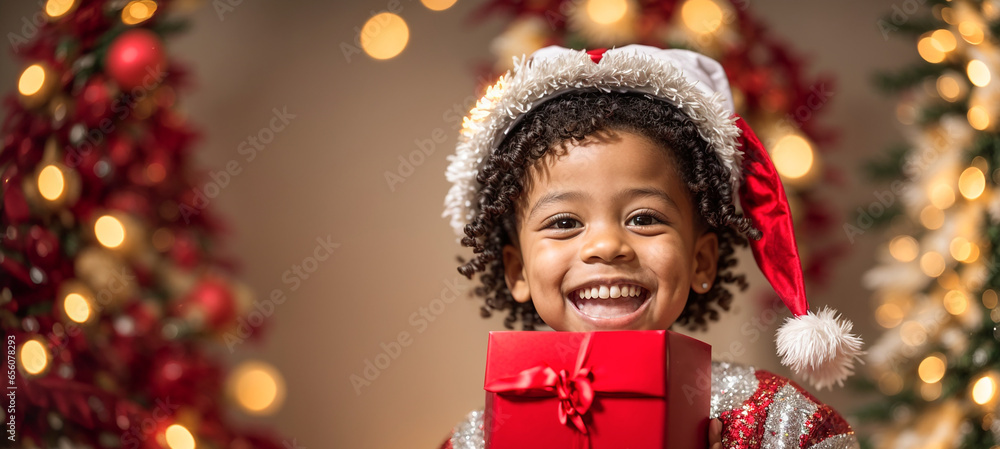 Portrait of a little African American boy wearing a Santa hat with a gift box Portrait of a little African American boy wearing a Santa hat with a gift box