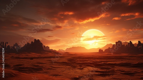 The sun setting over a vast desert landscape