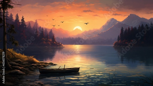 Serene Lake Scene with a Sunset © Michael