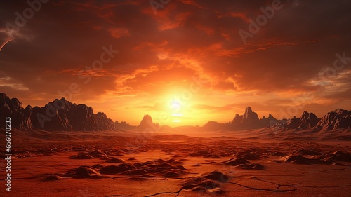 The sun setting over a vast desert landscape