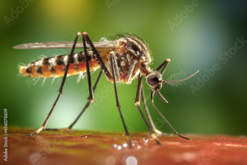 Close-up of a female mosquito landing on human skin and biting, Mosquito-borne infections include viral diseases such as encephalitis, dengue fever, chikungunya fever, Zika virus, and malaria. © omune