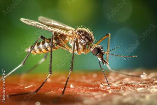 Close-up of a female mosquito landing on human skin and biting, Mosquito-borne infections include viral diseases such as encephalitis, dengue fever, chikungunya fever, Zika virus, and malaria.